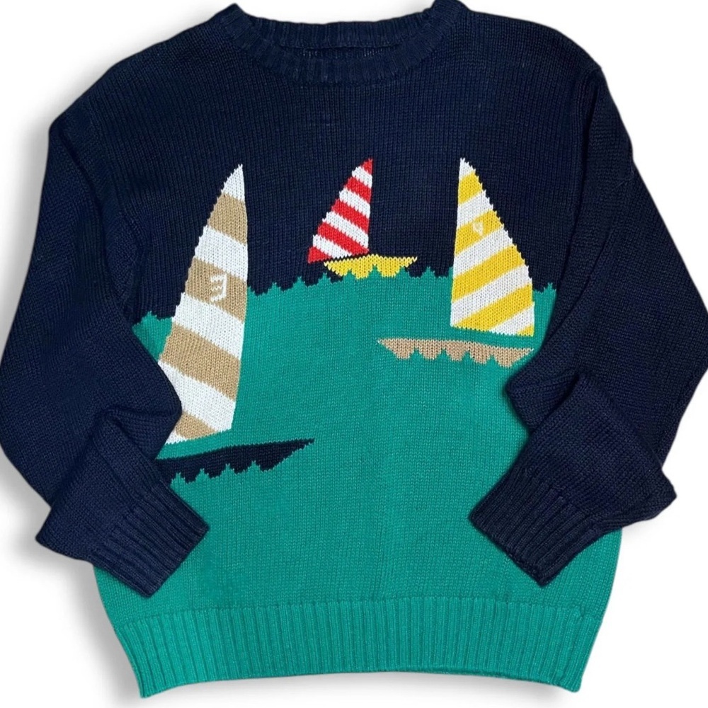 Vintage Nautical Sailboat Coastal Knit Crewneck Sweater Small Best